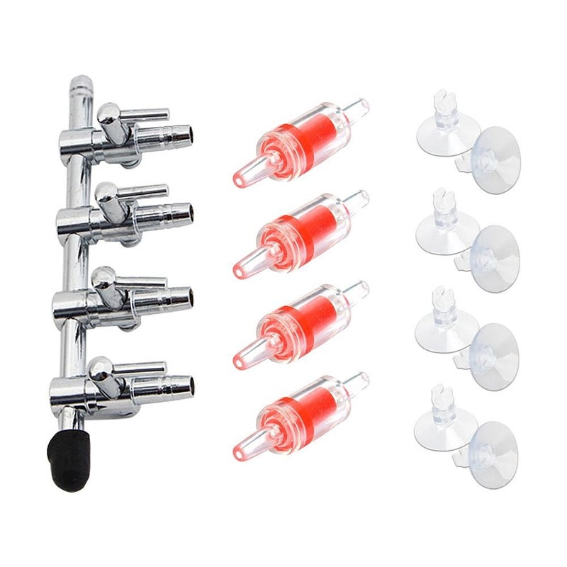 BornFeel Aquarium Air Pump Splitter 13 in 1 Set 4-Way Air Flow Control Lever Valve & 4 Non-Return Check Valves & 8 Suction Cups for Fish Tank Airline Air Tube Hose - Image 1